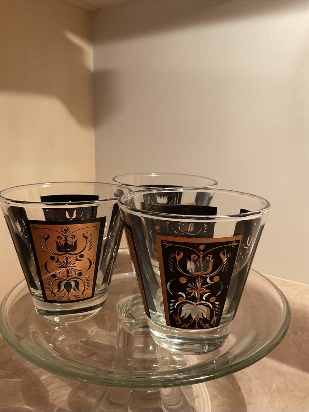 Dominion Glass Black & Gold Tulip Print Design Drinking Glasses